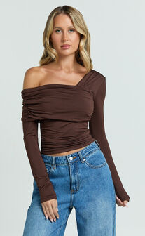 Cate Top - Long Sleeve Asymmetrical Neckline Top in Chocolate