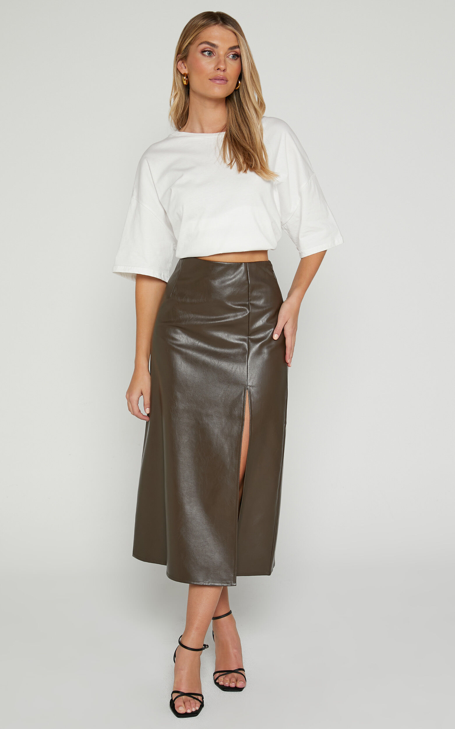 Tan midi leather skirt top
