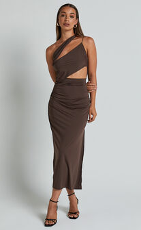 Erizha Midi Dress - One Shoulder Strappy Ruched Slip Dress in Chocolate