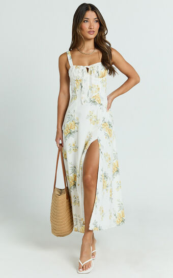 Gretel Midi Dress - Tie Front Corset Leg Split Dress in Antique Florals