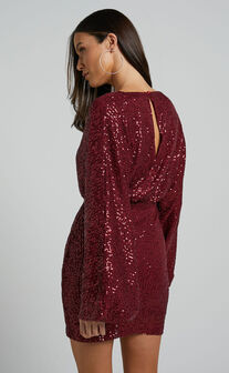 Erine Mini Dress - Long Sleeve Sequin Dress in Wine