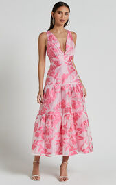 Reba Midi Dress - V Neck Tiered Jacquard Dress in Pink | Showpo USA