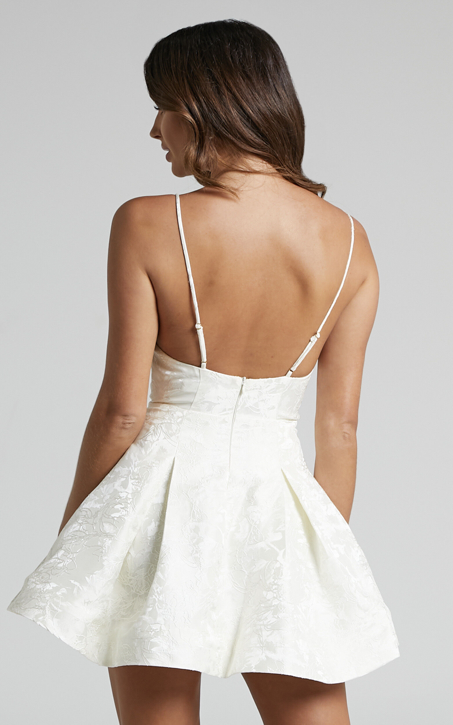 Gemima Mini Dress Strappy Plunge Neck Fit and Flare Dress in White Showpo USA