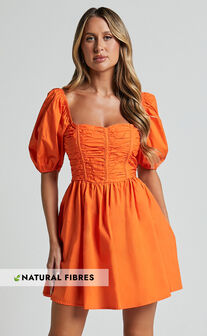 Jellina Mini Dress - Short Puff Sleeve Ruched Bodice Dress in Orange