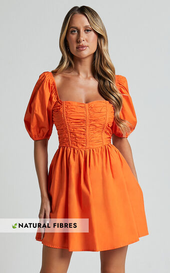 Jellina Mini Dress - Short Puff Sleeve Ruched Bodice Dress in Orange Showpo