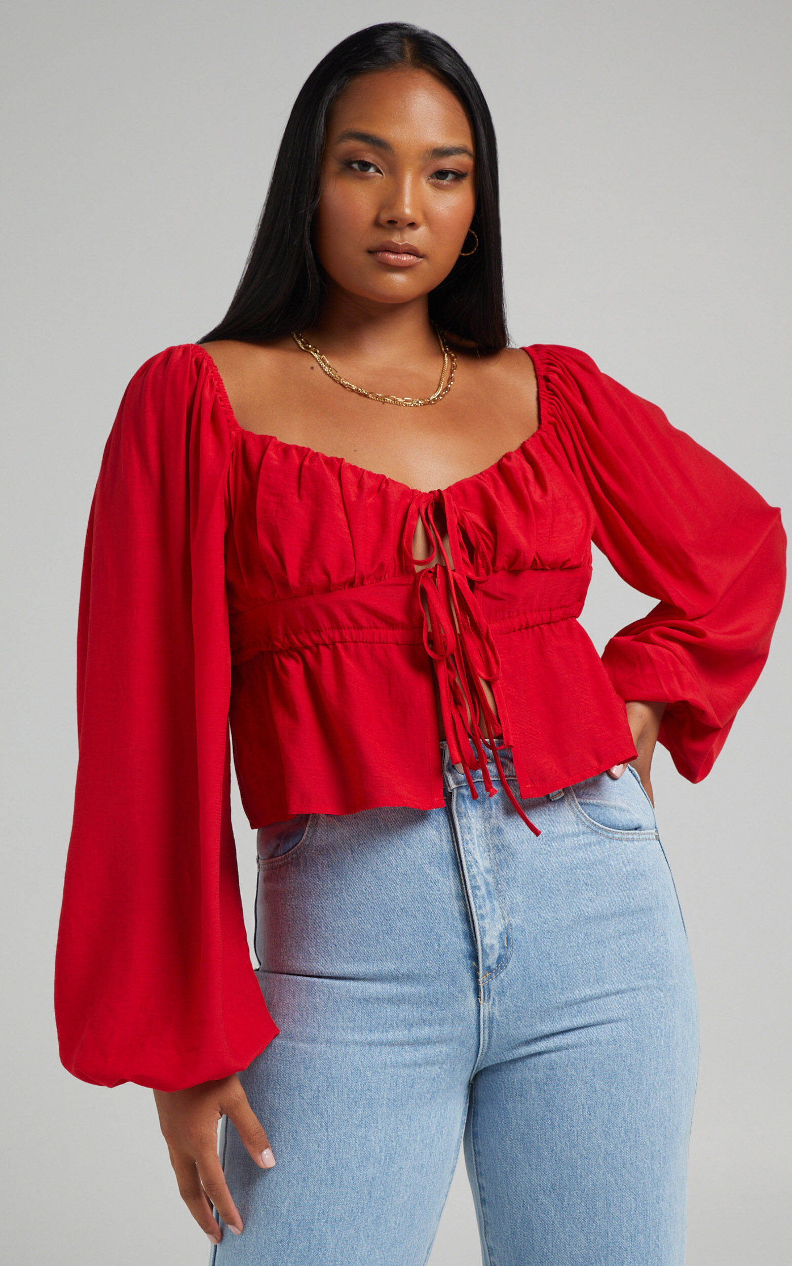 Nadine Top Long Sleeve Ruched Bust Top in Red Showpo EU