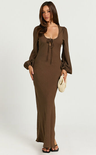 Sydney Midi Dress - Scoop Neck Long Sleeve Slip Dress in Brown