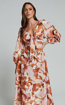 Amalie The Label - Chevonne Linen Blend Tie Front Puff Sleeve Maxi Dress in Baku Print