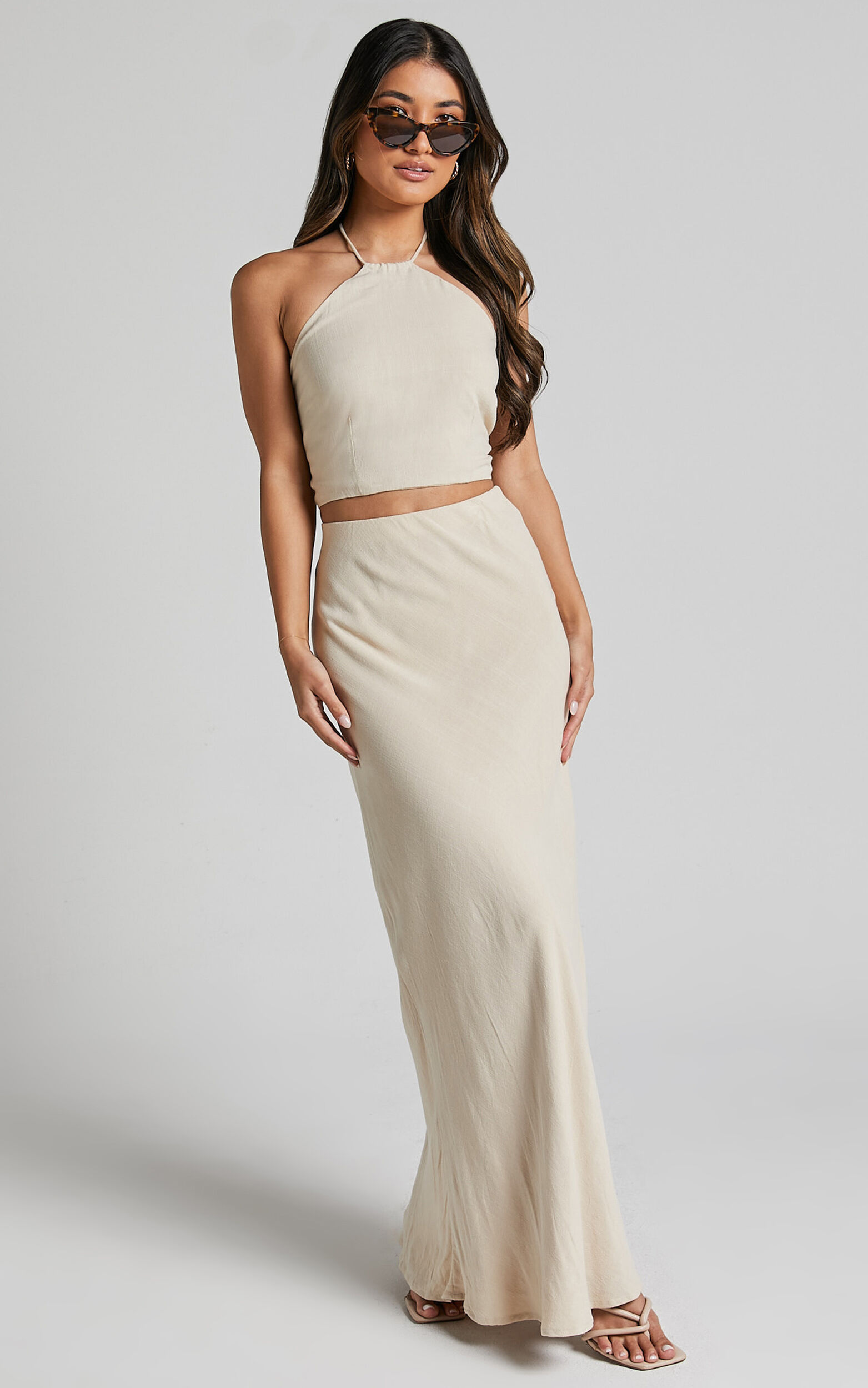Chelsea Two Piece Set - Linen Halter Neck Top and Bias Cut