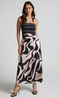 Angela Midi Dress - Thin Strap A Line Dress in Black & Cream Swirl