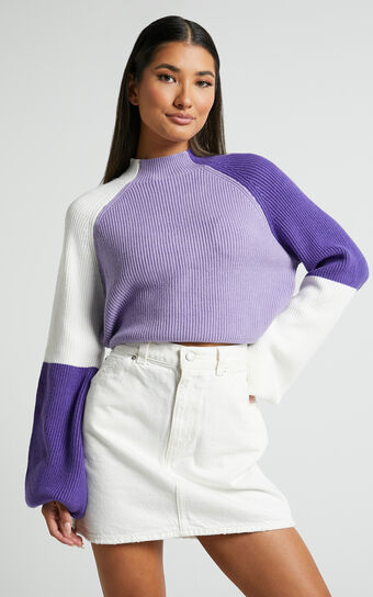 Kensley Jumper - Colour Block Turtleneck Balloon Sleeve Knit Jumper in Lilac