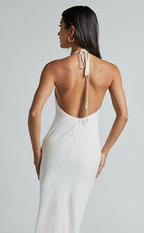 Cyrena Maxi Dress - Linen Look Halter Neck Sleeveless Slip Dress in Off White