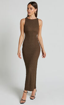 Alesia Maxi Dress - High Neck Sleeveless Bodycon Dress in Chocolate