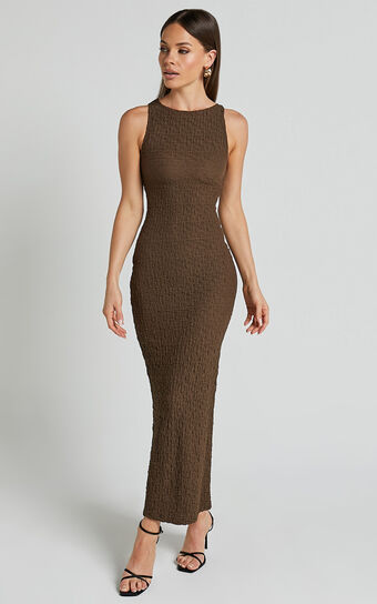 Alesia Maxi Dress - High Neck Sleeveless Bodycon Dress in Chocolate