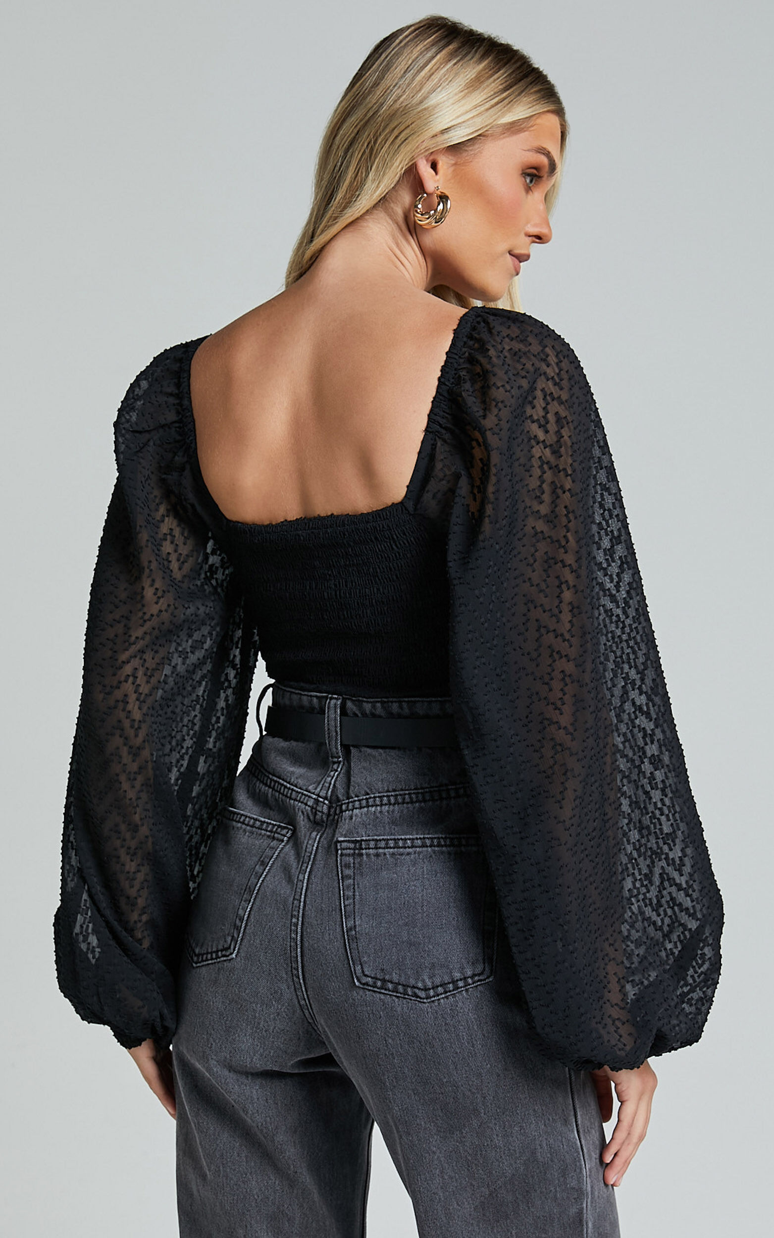 Buy Lace Textured Bodysuit with Puff Sleeves