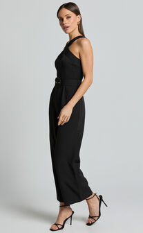 Tracy Jumpsuit - Diamond Neck Belted Straight Leg Jumpsuit in Black