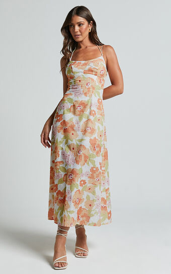 Tyla Midi Dress - Double Strap Cut Out Dress in Orange Floral