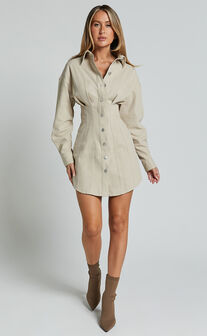 Sofia Mini Dress - Button Through Long Sleeve Dress in Stone