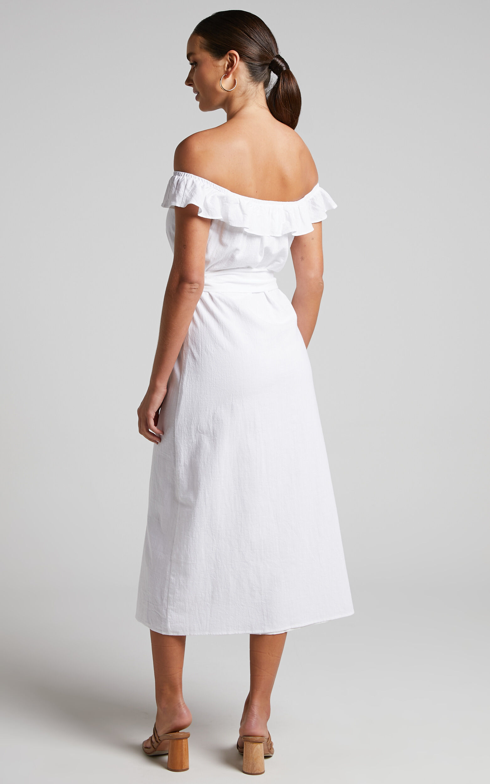 Anka Midi Dress Off Shoulder Tie Waist Button Down Dress in White