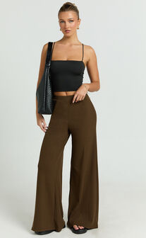 Amalthea Pants - High Waisted Jersey Rib Wide Leg Pants in Chocolate
