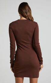 Marleen Mini Dress - Wrap Front Long Sleeve Bodycon Dress in Dark Oak ...