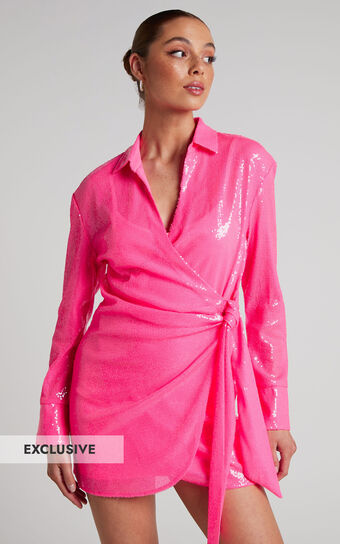 4th & Reckless - Idella Shirt Dress in Neon Pink Sequin