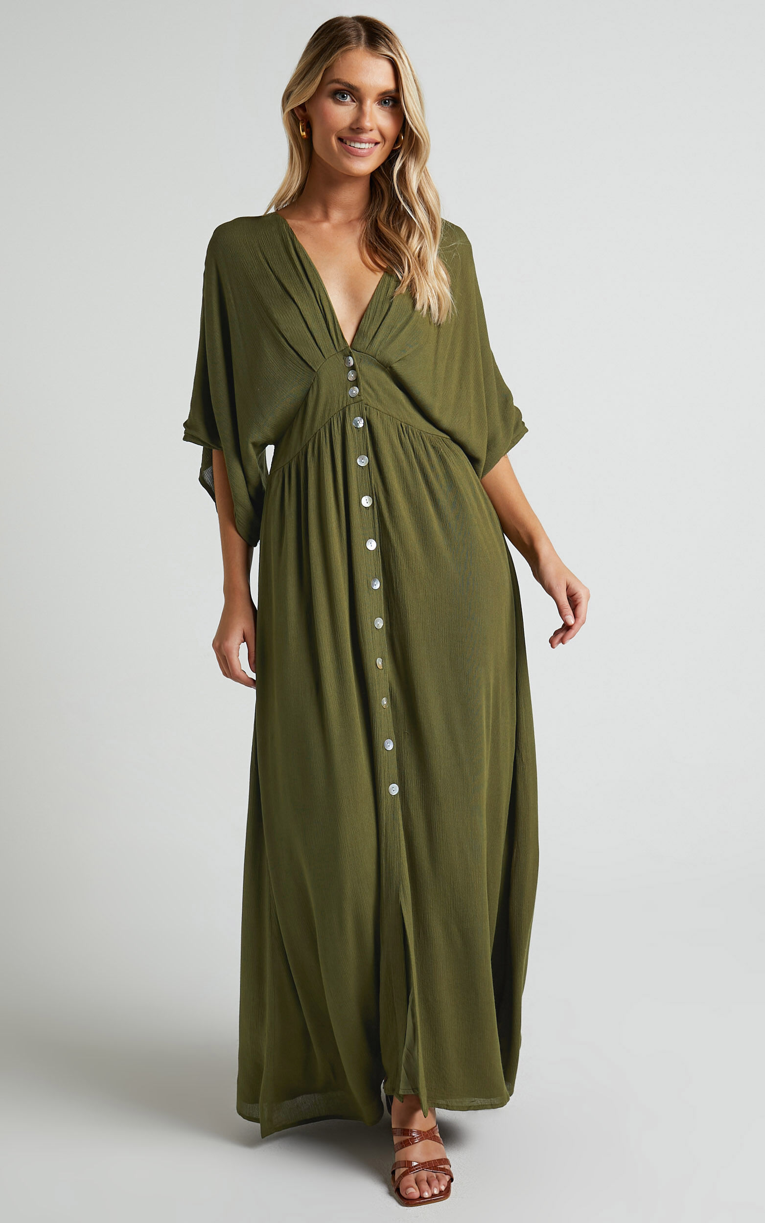 Sitting Pretty Midi Dress Short Sleeve Button Down Dress in Olive