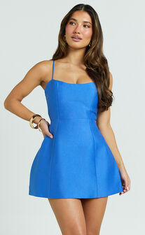 Carolina Mini Dress - Scoop Neck Panel Bodice Dress in Blue