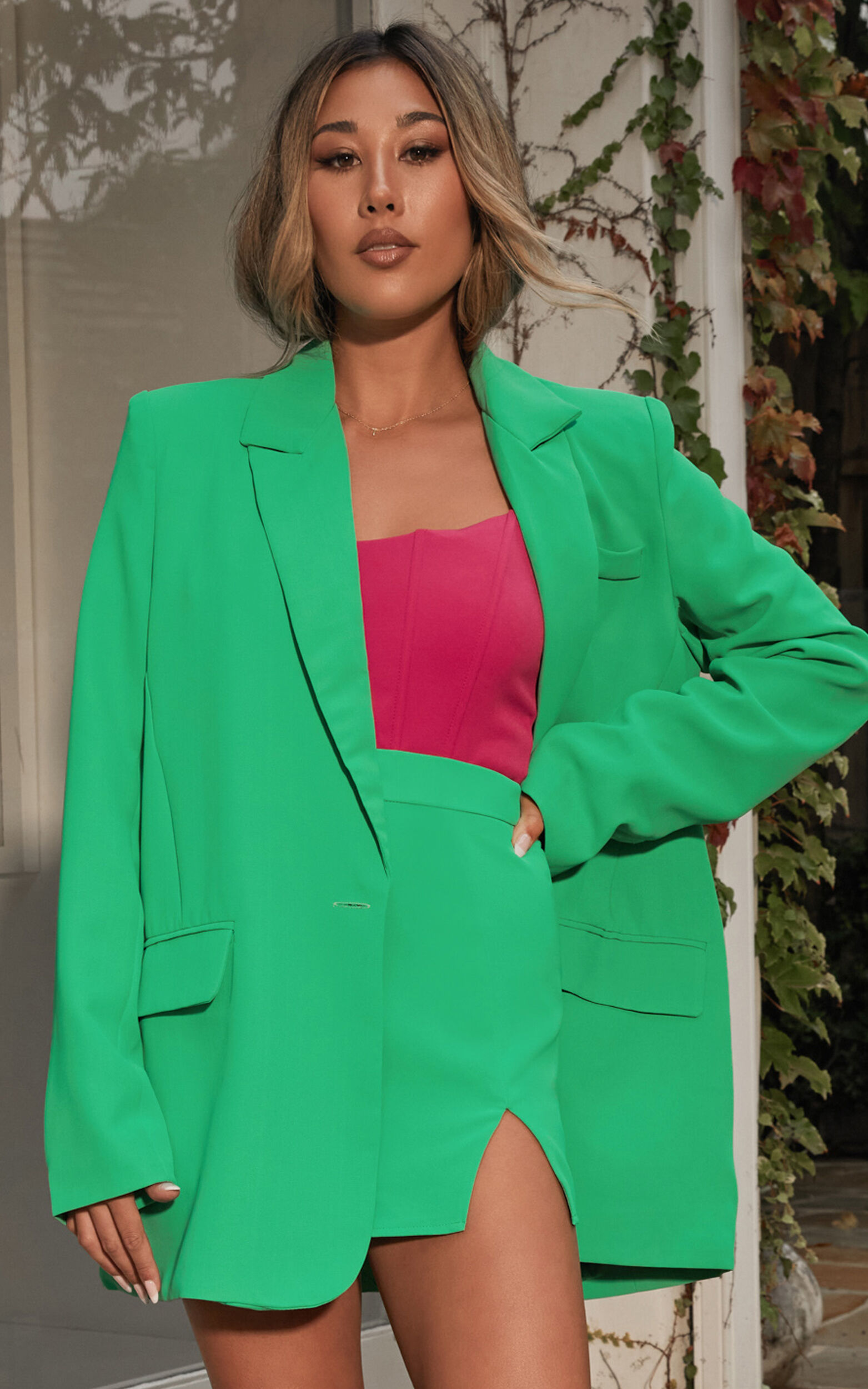 Michelle Blazer Oversized Plunge Neck Button Up Blazer in Green