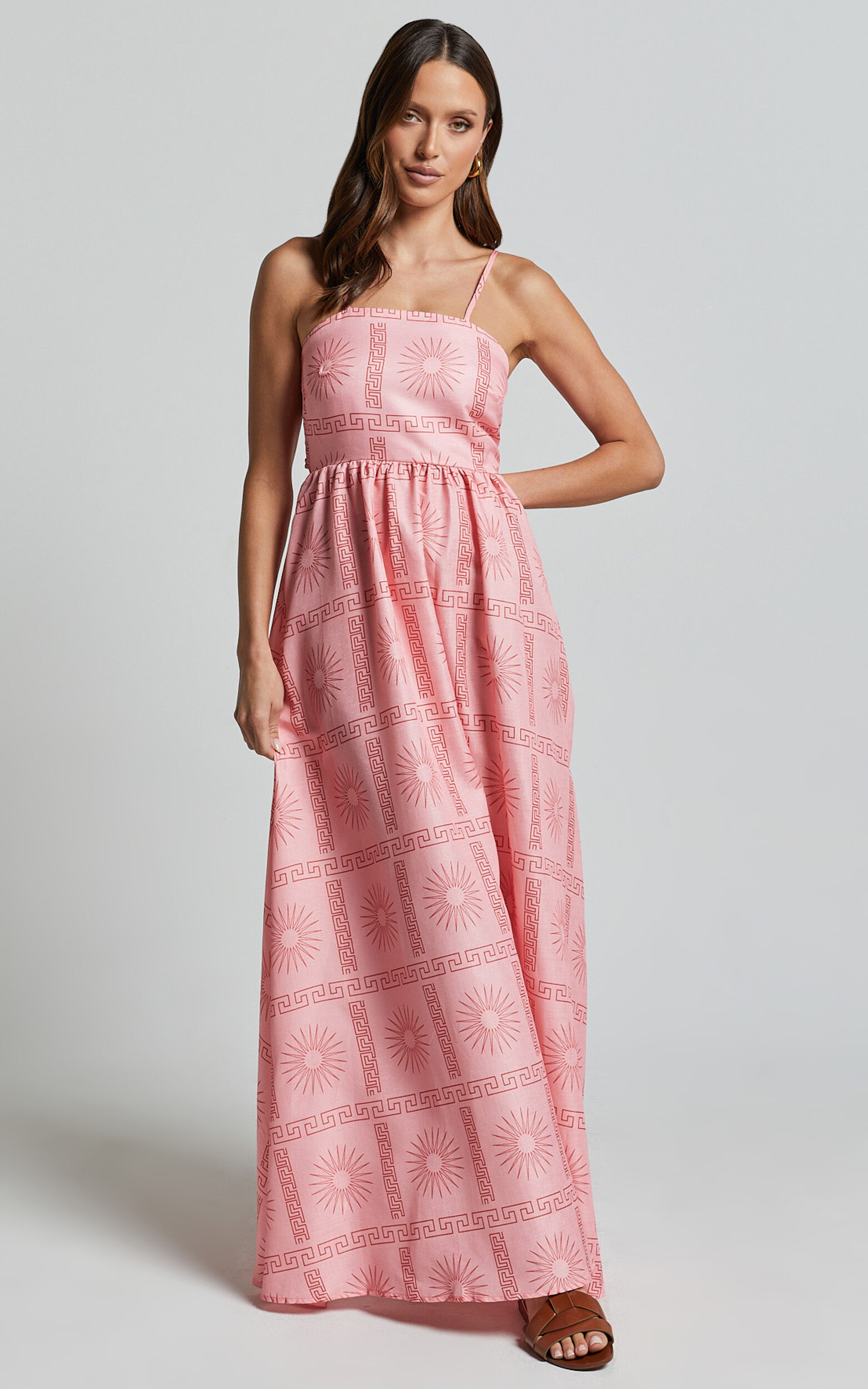 Alexis Midi Dress - Strappy Straight Neck A Line Dress in Pink Print - S, PNK1