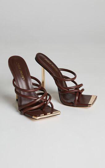 Public Desire - Coincidence Strappy Square Toe Metallic Stiletto Heels in Chocolate
