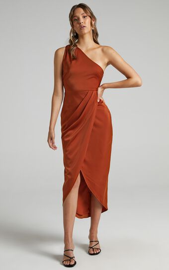 Felt So Happy Midi Dress - One Shoulder Drape Dress in Copper