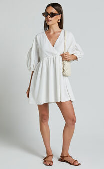 Akane Mini Dress - Linen Look V Neck 3/4 Sleeve Smock Dress in Off White