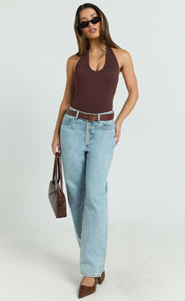Suzanna Bodysuit - V Neck Halter Bodysuit in Chocolate