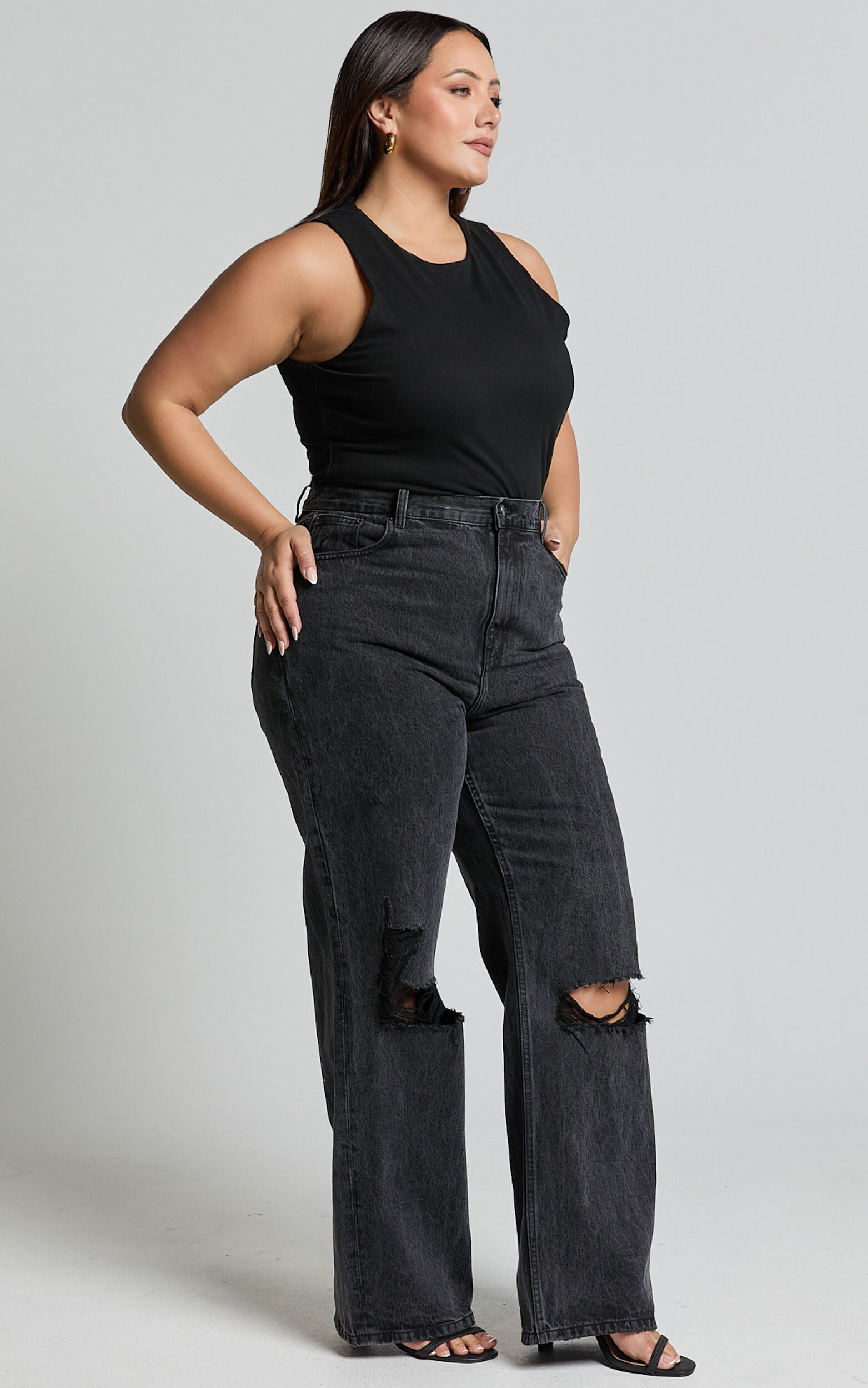 【BOHEMIAN SEOUL】[25SS] KNEE OPEN RIPPED WIDE JEANS, BLACK Zara black wide leg ripped knee Jeans Size 6 High Waisted