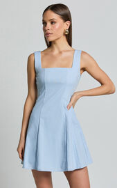 Adiana Mini Dress - Linen Look Square Neck Shirred Back A Line Dress in ...