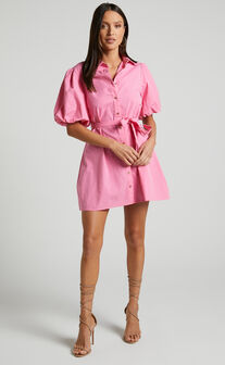 Maelita Mini Dress - Short Puff Sleeve Shirt Dress in Pink