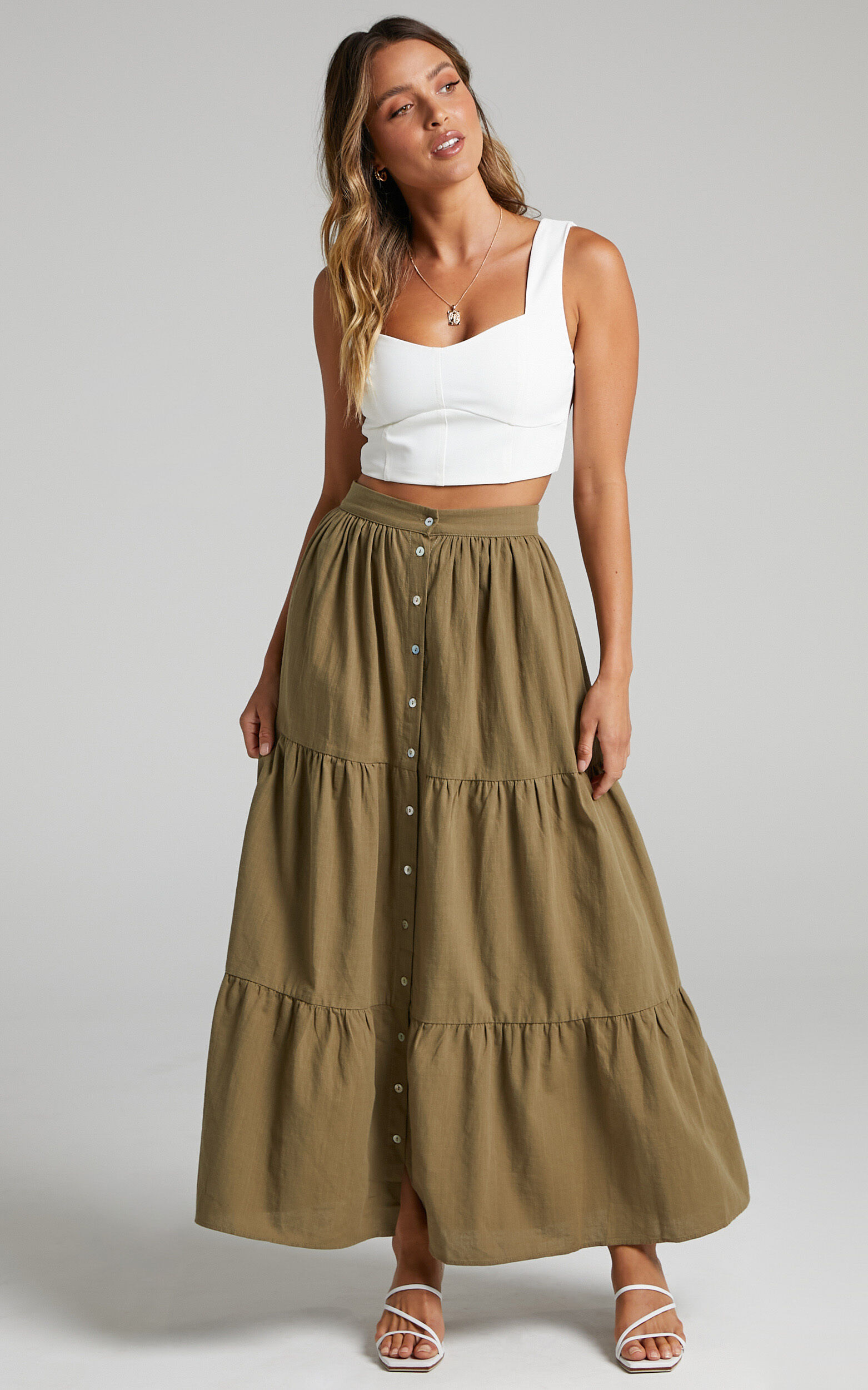 Button front top skirt khaki