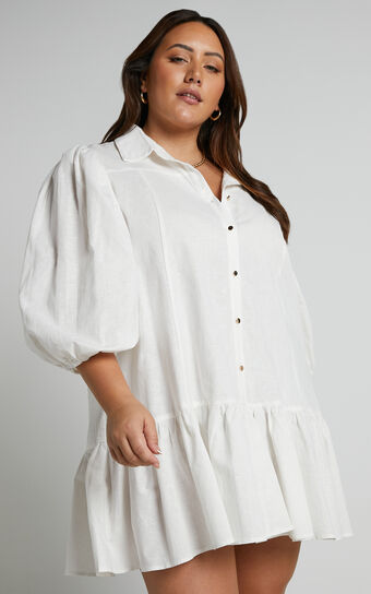 Amalie The Label - Rosabel Linen Blend Button Up Puff Sleeve Mini Shirt Dress in White