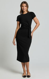 Penny Midi Dress - Short Sleeve Side Tie Jersey Dress in Black