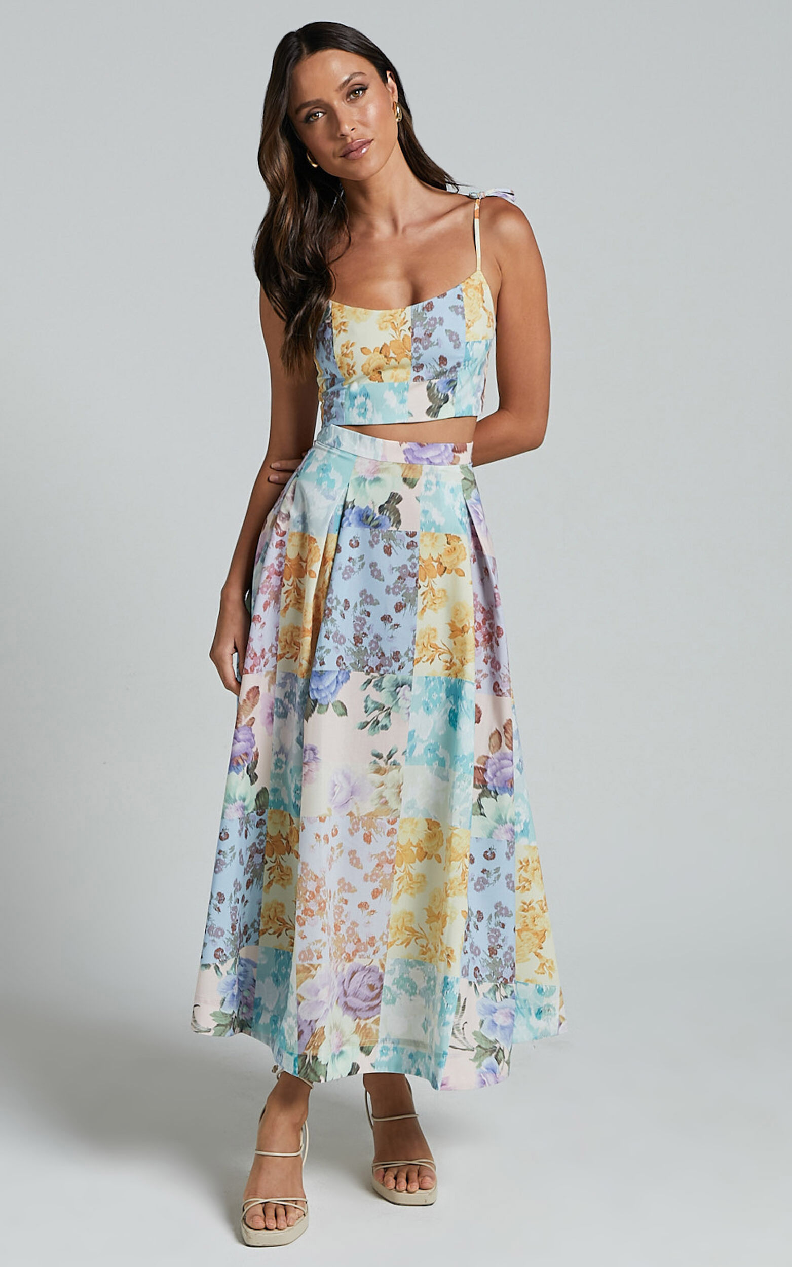 Rosalee Two Piece Set Strappy Crop Top and High Waisted A Line Midi Skirt Set in Vintage Floral Showpo