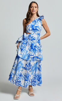 Honolulu Midi Dress - One Shoulder Tiered Dress in Blue and White Print
