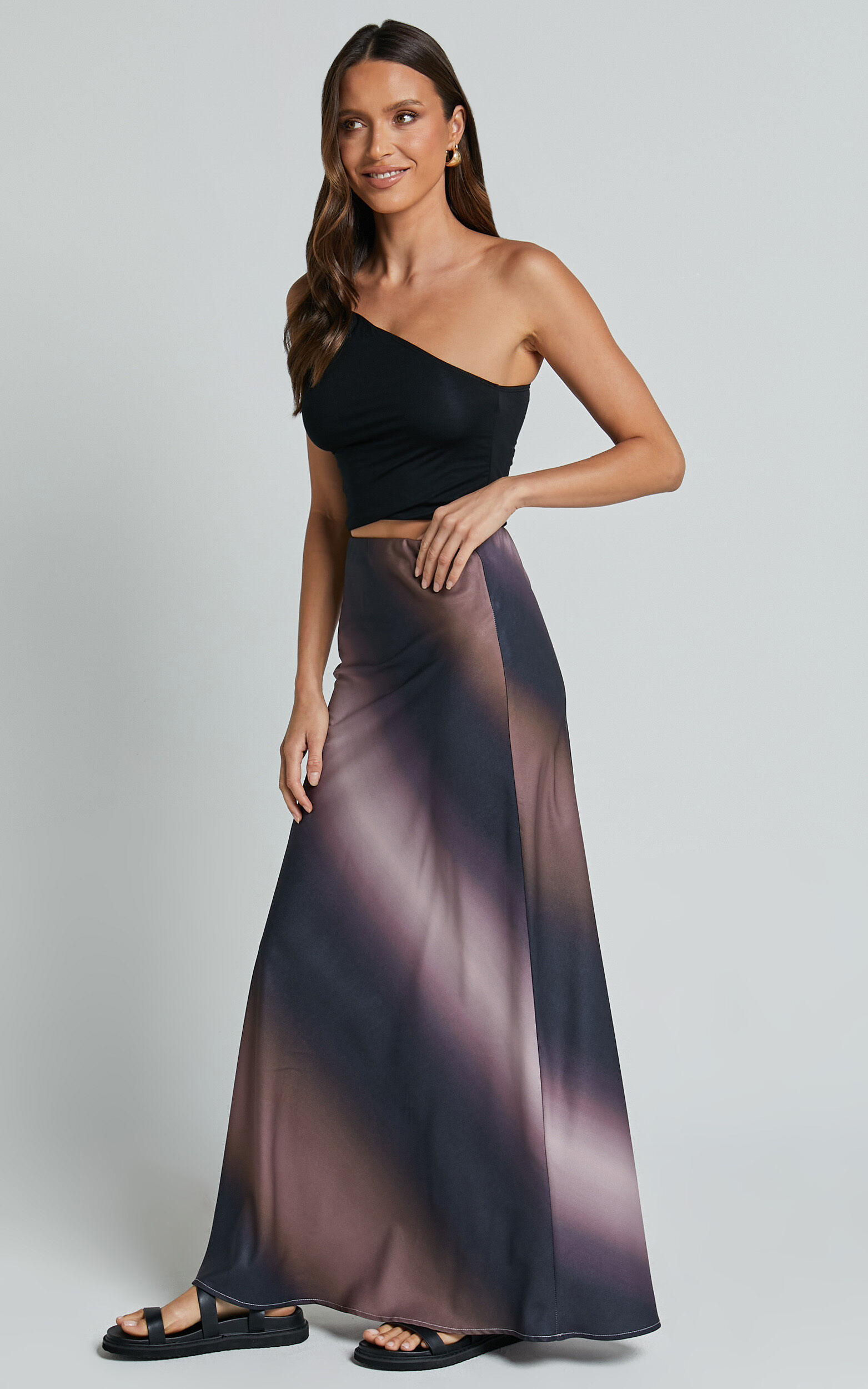 Michaela Maxi Skirt High Waisted Slip Satin Skirt in Dusk Ombre Showpo USA