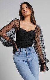 Venetia Bodysuit - Long Sleeve Spot Mesh Bodysuit in Black Spot | Showpo