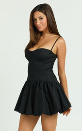 Kacey Mini Dress - Textured Drop Waist Bubble Hem Dress in Black | Showpo