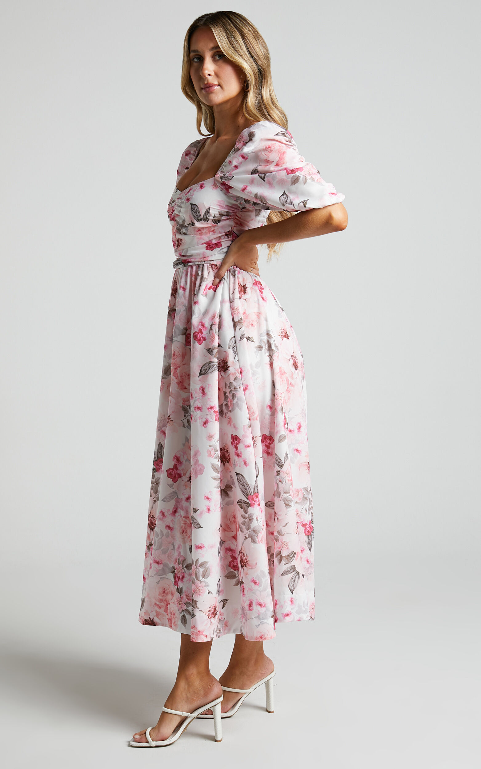 最も  - Dress Midi Haxzel Ruched Bouquet in Dress Sleeve Puff Bust ひざ丈ワンピース