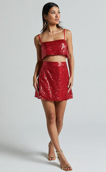 Elswyth Mini Skirt - Side Split Sequin Skirt in Red