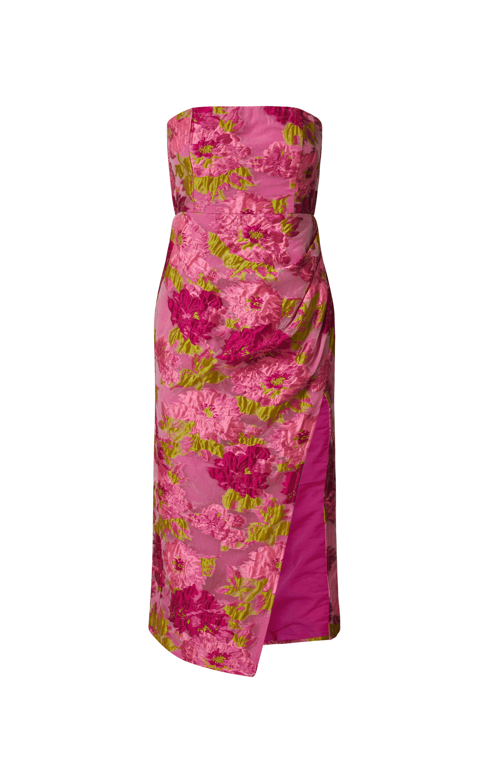 Brailey Midi Dress - Thigh Split Strapless Dress in Pink Jacquard | Showpo USA