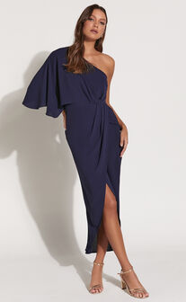 Belmira Midi Dress - One Shoulder Asymmetrical Short Sleeve Split Dress in Navy