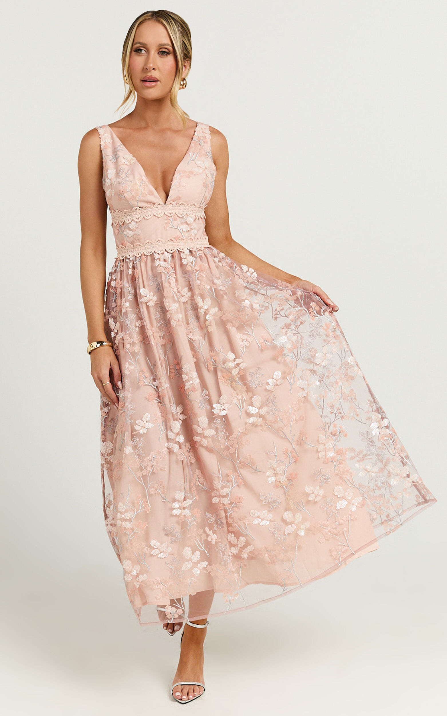 Seychelles Midi Dress - Plunge Embroidery 3d Floral Lace